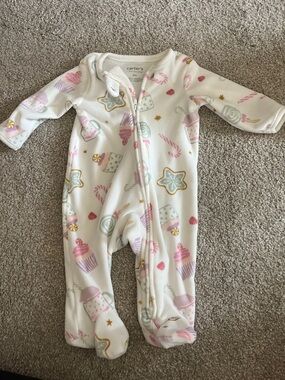 Carter's White Fleece Footed One-Piece with Pink Candy & Gold Accents